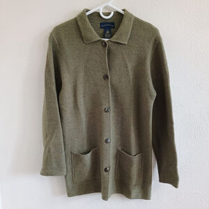 Vintage Charter Club 100% Pure New Wool Button Cardigan Olive Green Womans Small